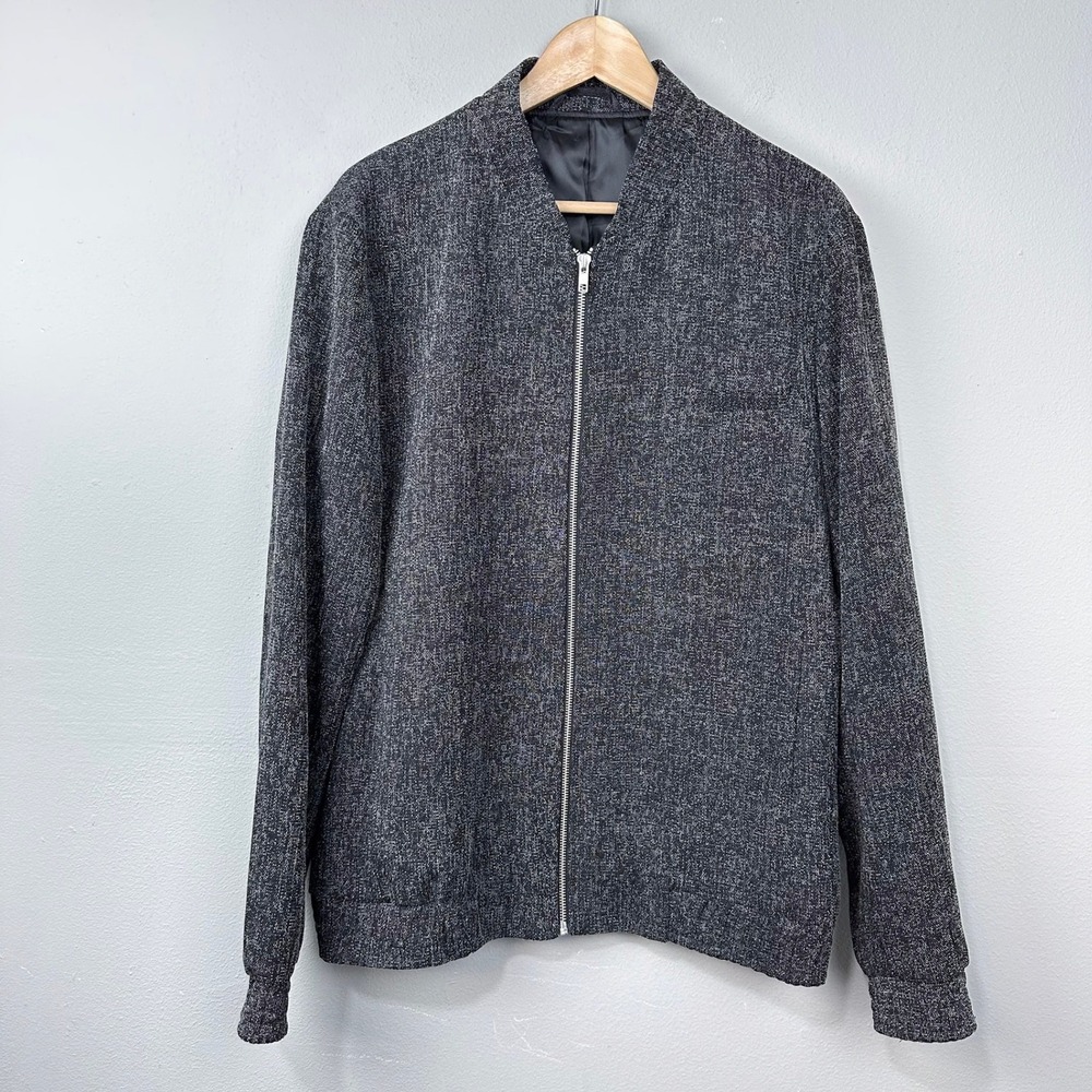 Topman Bomber Jacket Mens Size L Grey Textured Salt and Pepper Full Zip Coat